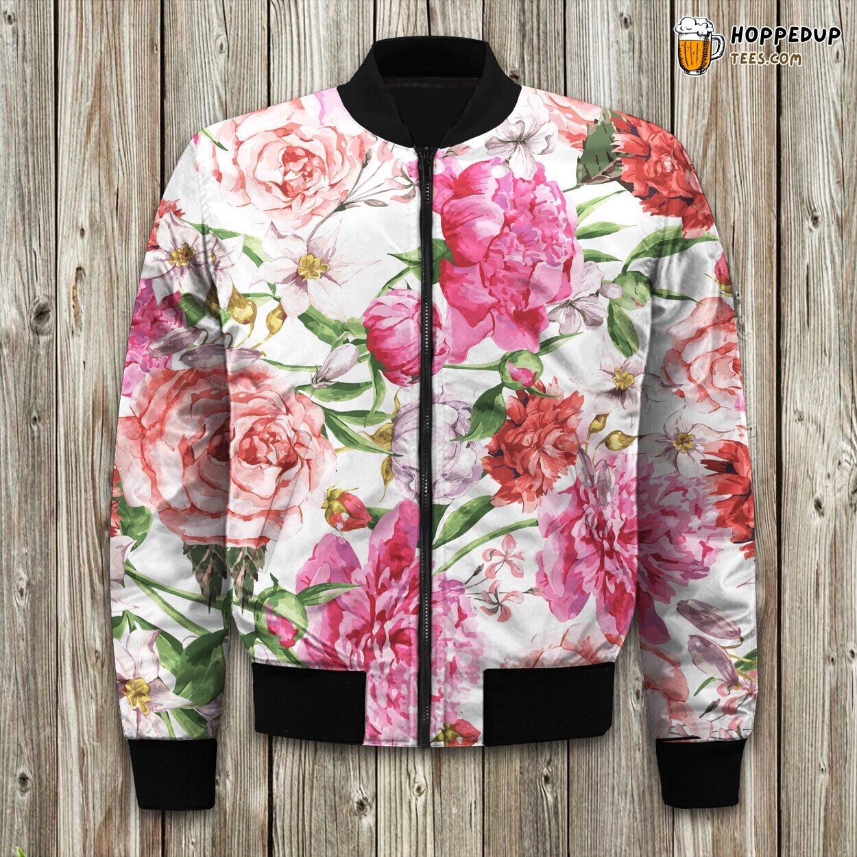Peony Flower Depiction Winter Bomber Jacket Floral Fashion Trend