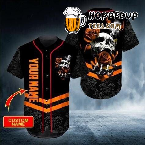 Personalized Baseball Jersey Distinctive Orange Skull Rose Unique Design