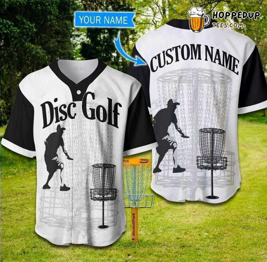 Personalized Baseball Jersey Featuring Disc Golfer Black White Design Theme