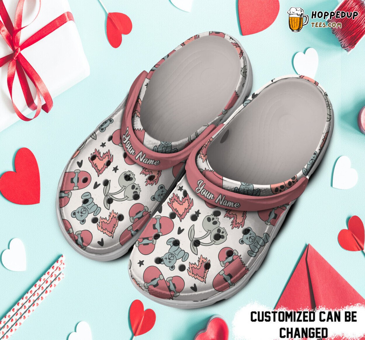 Personalized Boy Valentine’s Pattern Skateboard Hearts Comfortable Clog Shoes