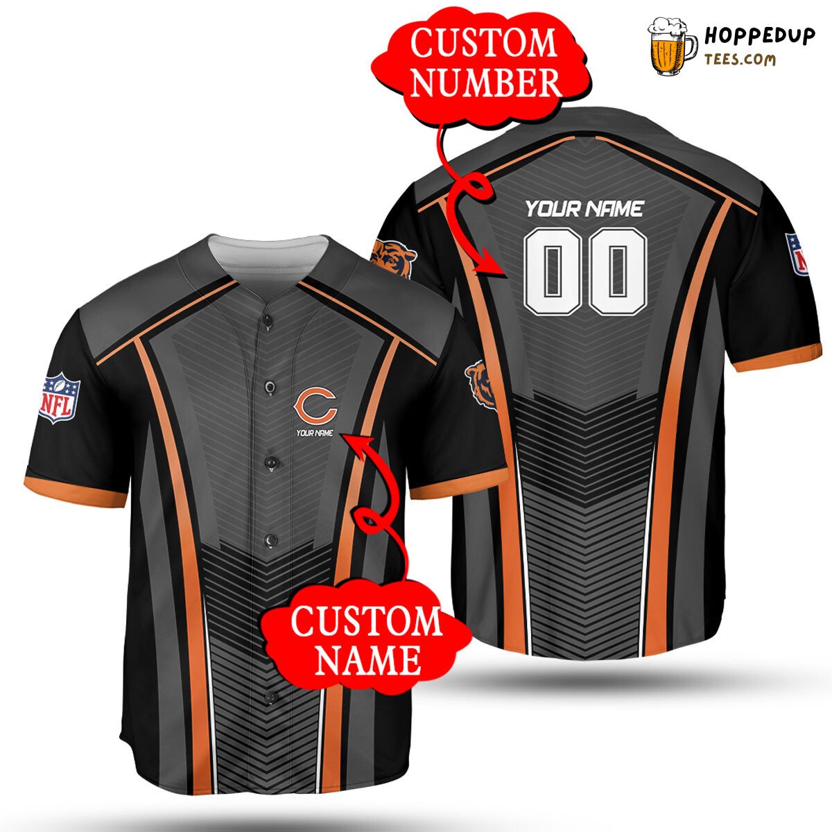 Personalized Chicago Bears Black Simple Design Baseball Jersey
