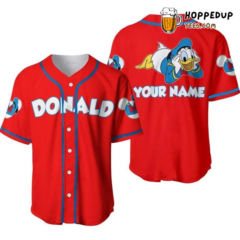 Personalized Chilling Donald Duck All Over Print Baseball Jersey Red Unisex Jersey Shirt