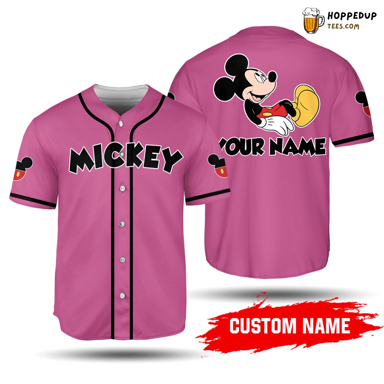 Personalized Chilling Mickey Mouse All Over Print Baseball Jersey Pink Unisex Jersey Shirt