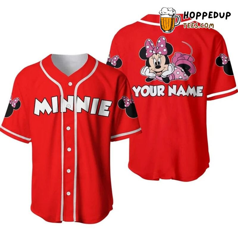 Personalized Chilling Minnie Mouse All Over Print Baseball Jersey Red Unisex Jersey Shirt