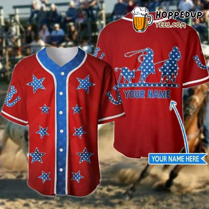 Personalized Custom America Team Roping Red Baseball Tee Jersey Shirts 3D
