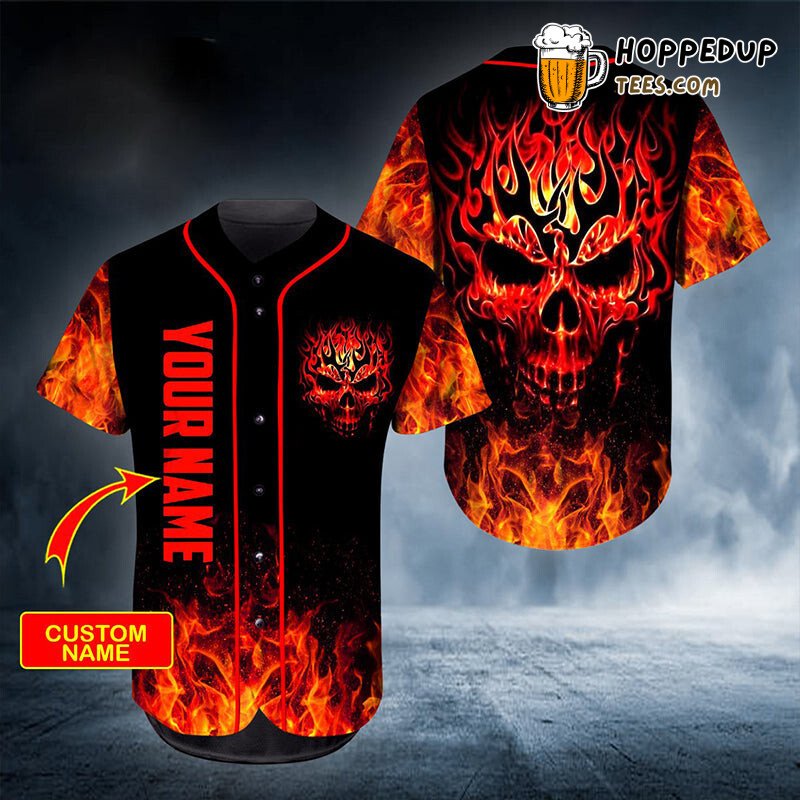 Personalized Custom Head Fire Skull Baseball Tee Jersey Shirts 3D