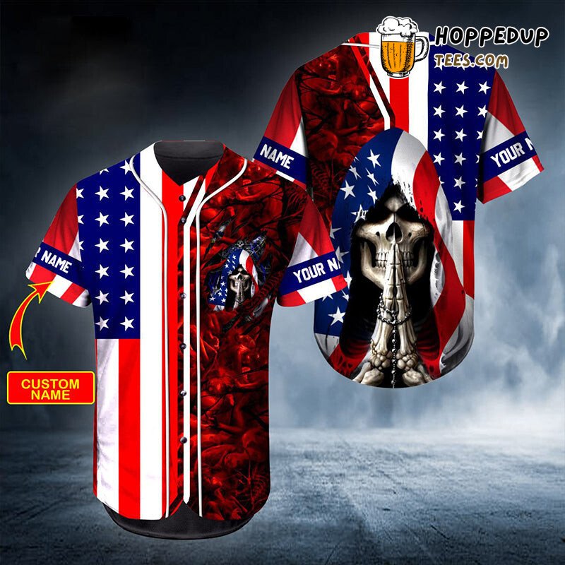 Personalized Custom Pray US Flag Skull Baseball Tee Jersey Shirts 3D