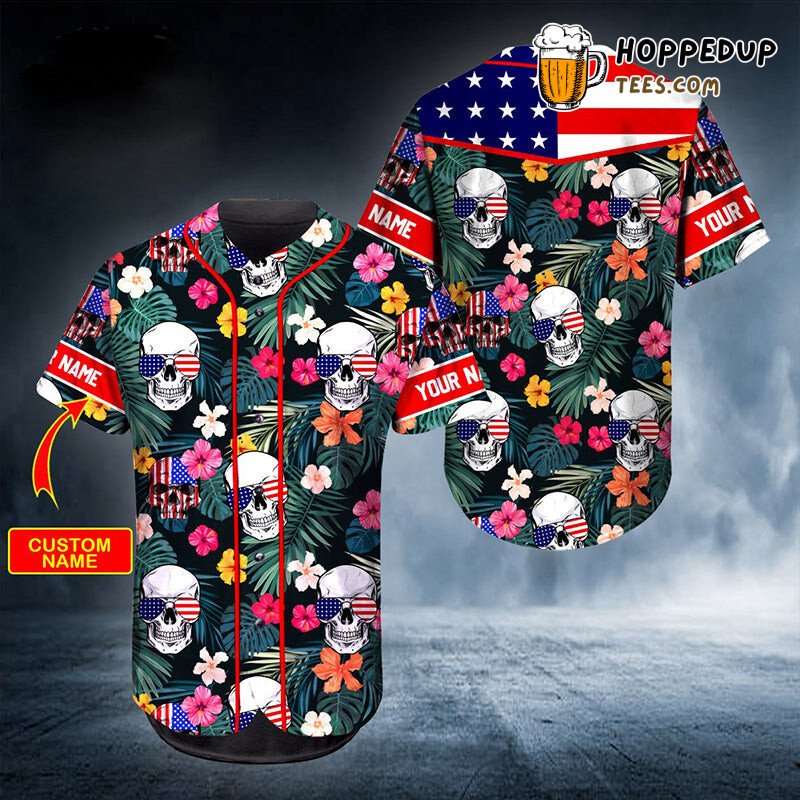 Personalized Custom Summer Skull Hibiscus Baseball Tee Jersey Shirts 3D