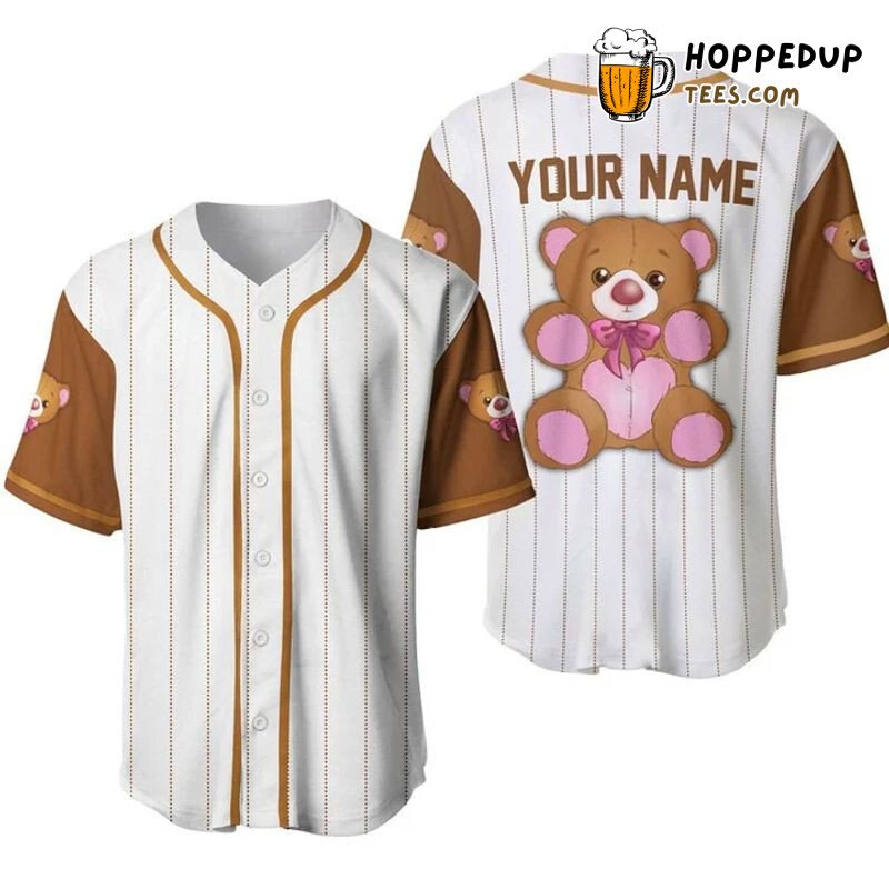 Personalized Cute Teddy Bear All Over Print Pinstripe Baseball Jersey White Unisex Jersey Shirt
