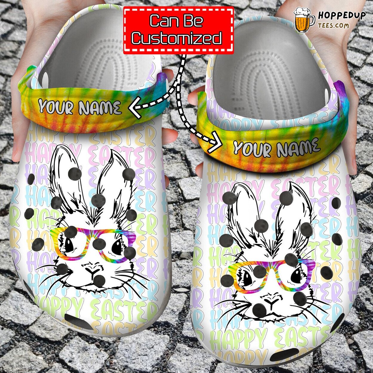 Personalized Easter Bunny Glasses Tye Dye Comfortable Clogs Shoes