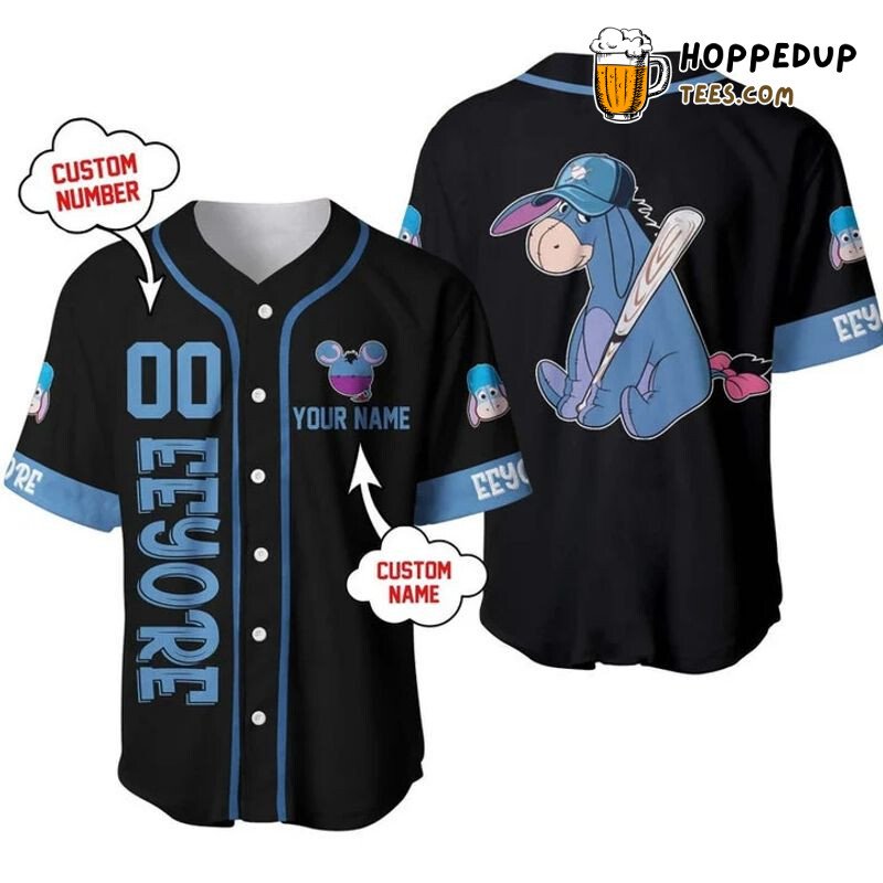 Personalized Eeyore Playing Baseball All Over Print Baseball Jersey Black Unisex Jersey Shirt