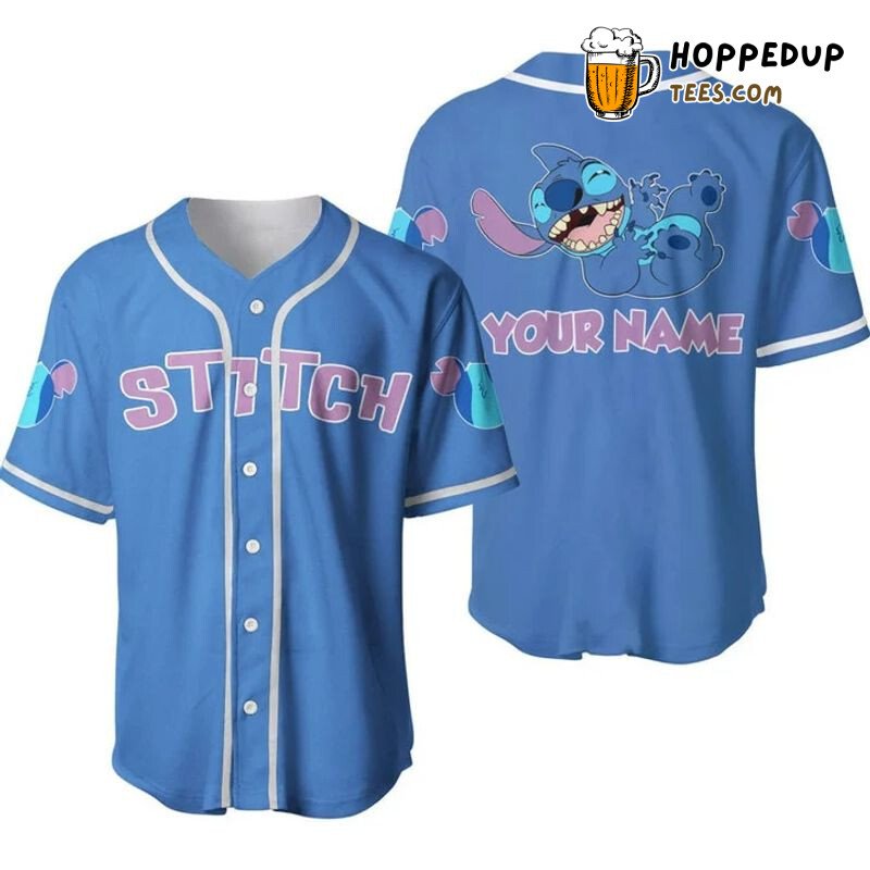 Personalized Happy Stitch All Over Print Baseball Jersey Blue Unisex Jersey Shirt