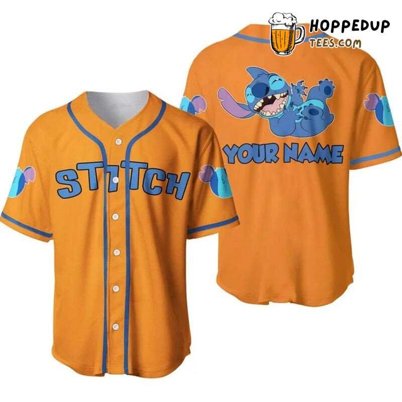 Personalized Happy Stitch All Over Print Baseball Jersey Orange Unisex Jersey Shirt