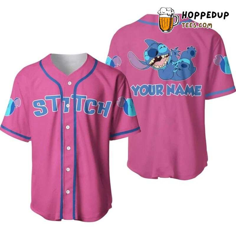 Personalized Happy Stitch All Over Print Baseball Jersey Pink Unisex Jersey Shirt