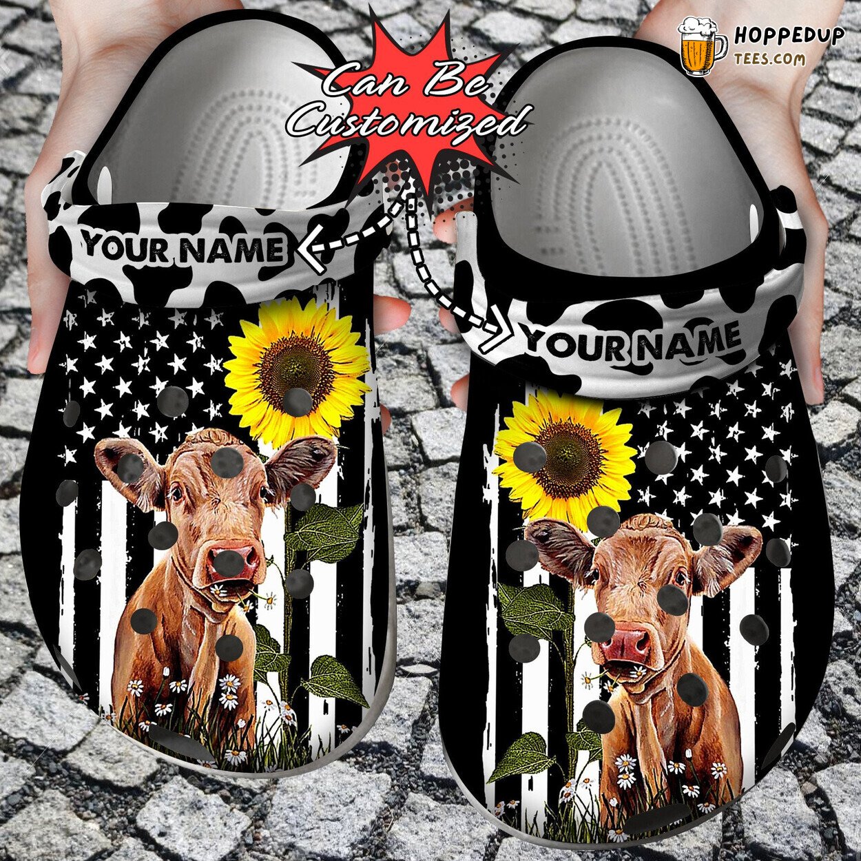 Personalized Heifer USA Flag Sunflower Cow Theme Custom Clogs