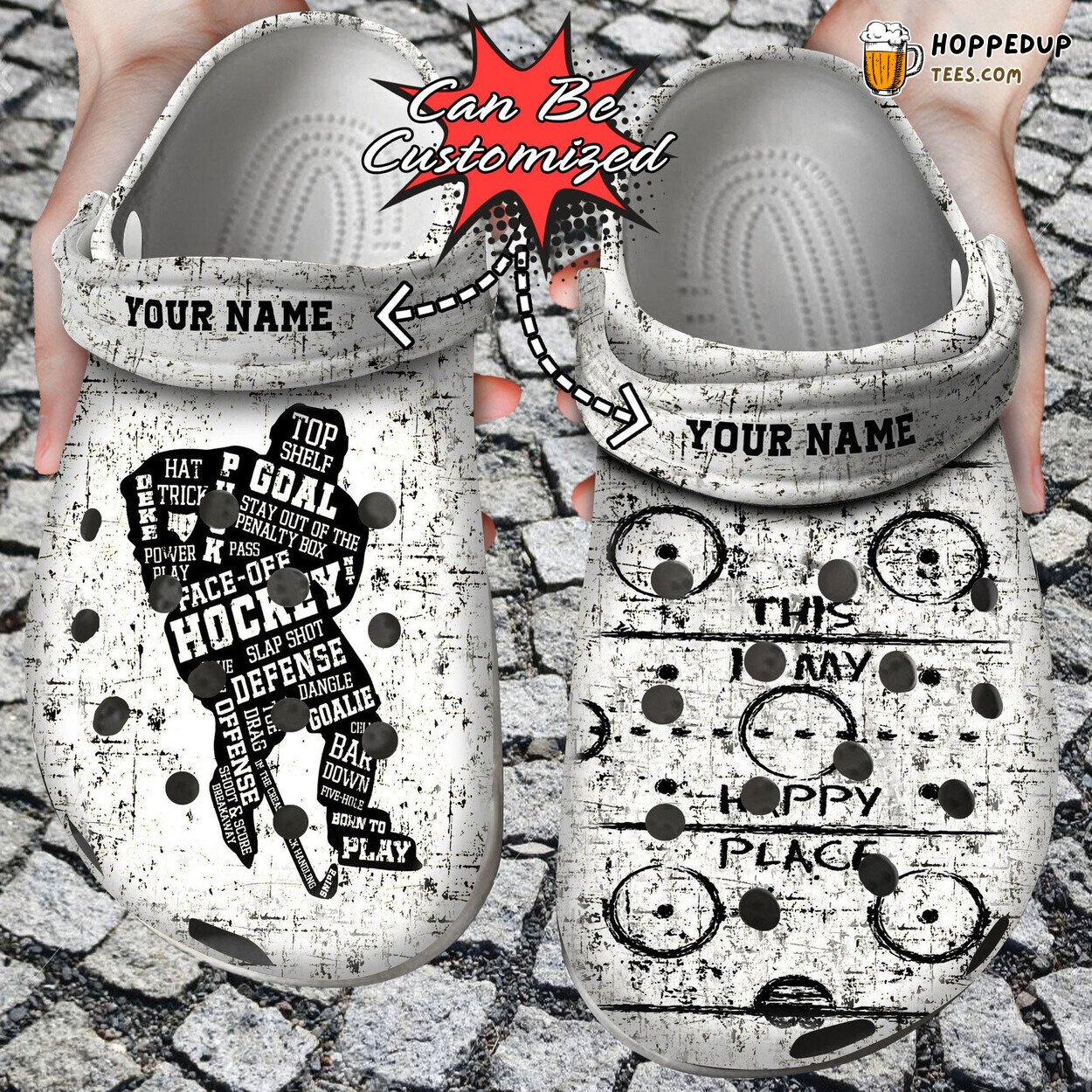 Personalized Hockey Player Happy Place Theme Comfortable Clogs Shoes