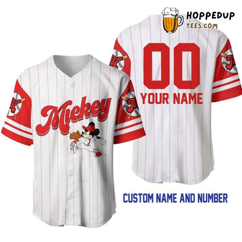 Personalized Mickey Mouse All Over Print Pinstripe Baseball Jersey White Unisex Jersey Shirt