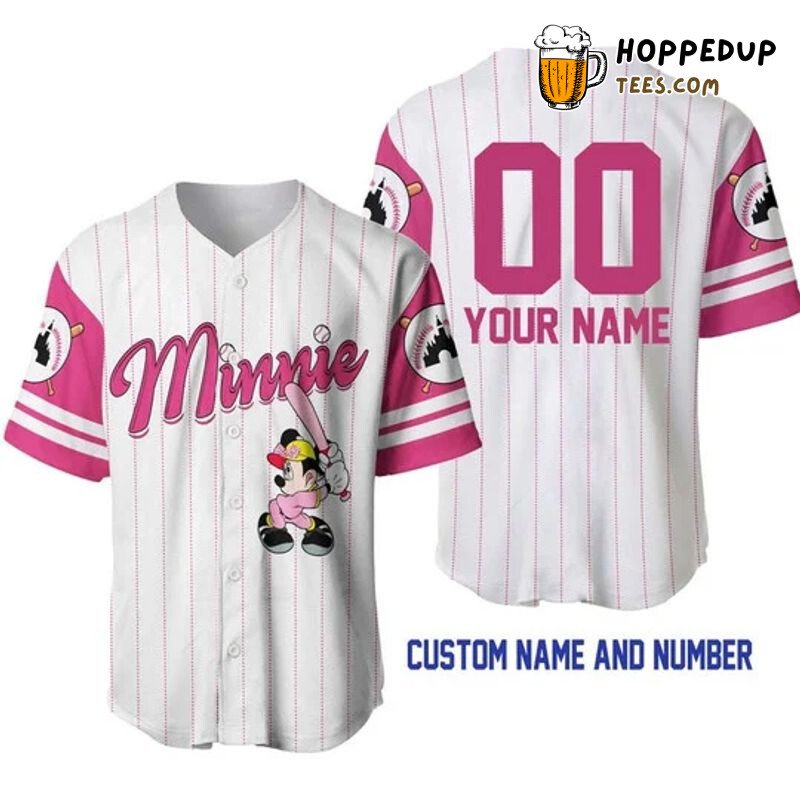Personalized Minnie Mouse All Over Print Pinstripe Baseball Jersey White Unisex Jersey Shirt