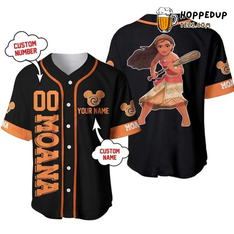 Personalized Moana Playing Baseball All Over Print Baseball Jersey Black Unisex Jersey Shirt