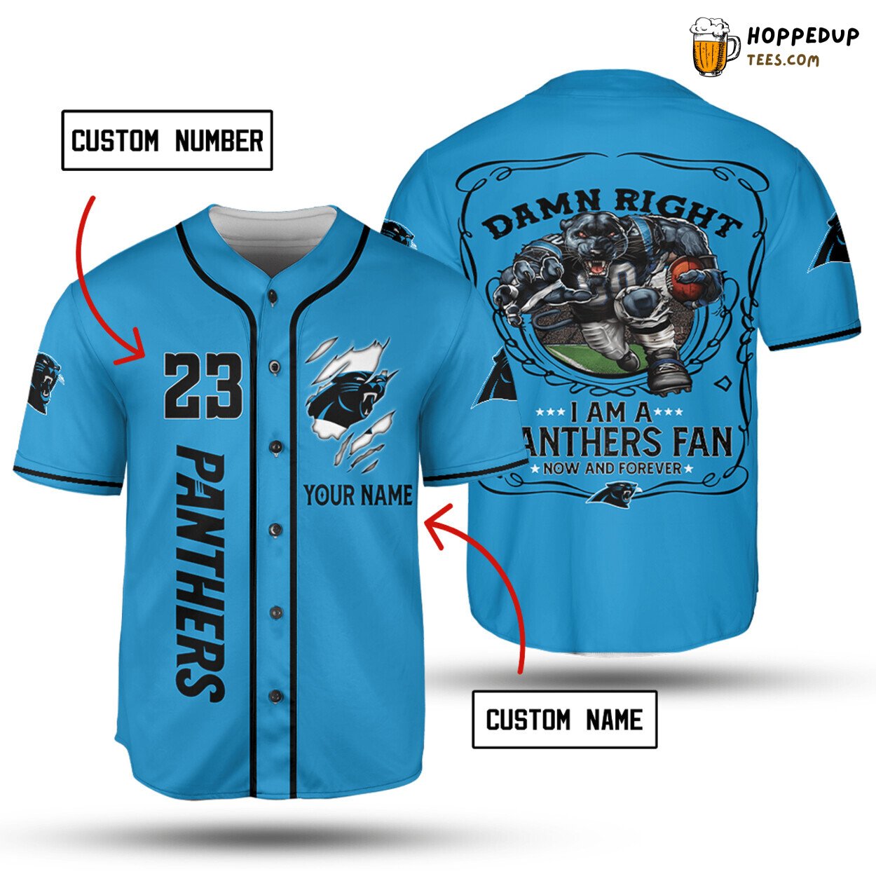 Personalized Panthers Blue Baseball Jersey Unisex Name Number NFL Gear