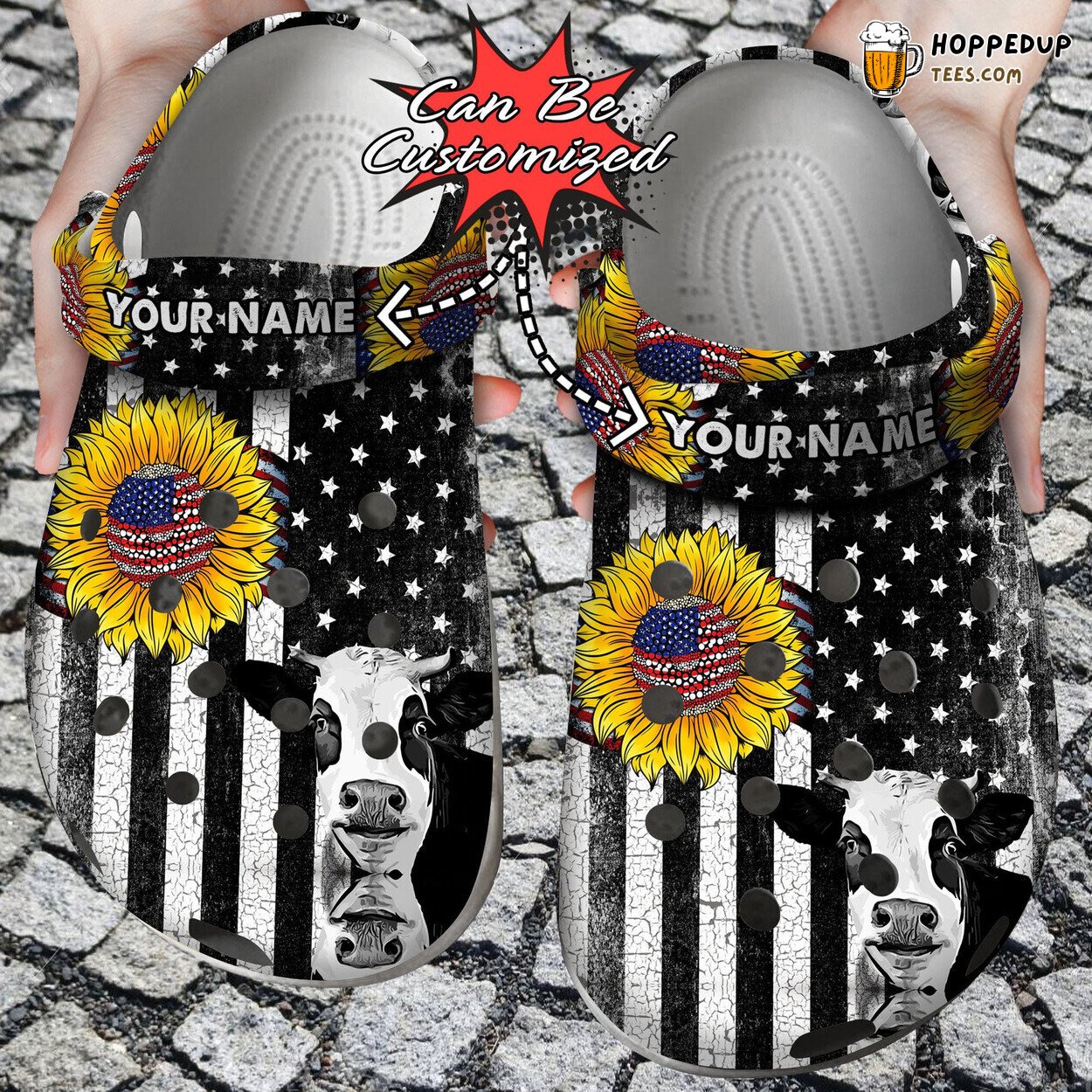 Personalized Patriotic Flag Sunflower Cow Comfortable Custom Clogs Shoes