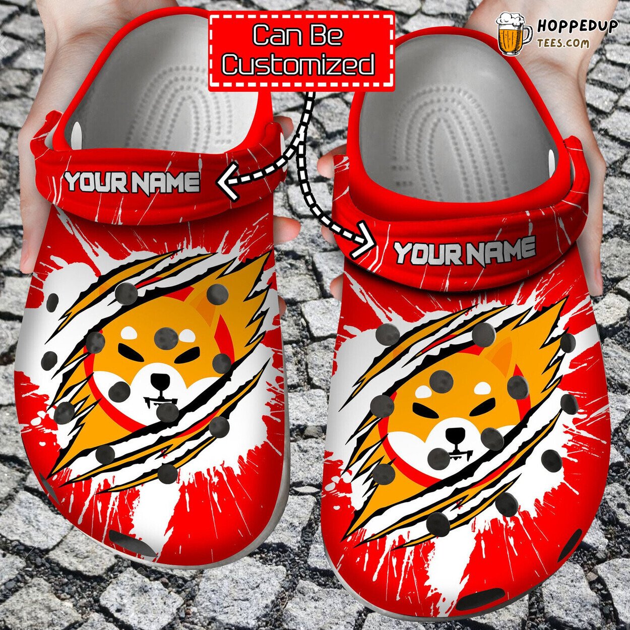 Personalized SHIB Coin Ripped Through Crypto Themed Clogs Footwear