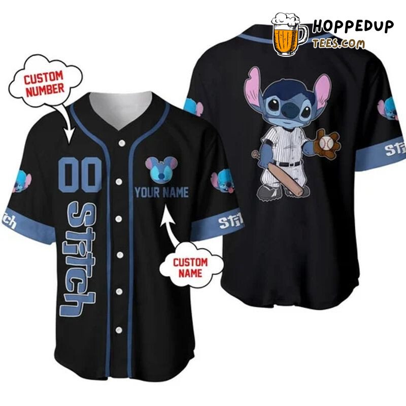 Personalized Stitch Playing Baseball All Over Print Baseball Jersey Black Unisex Jersey Shirt