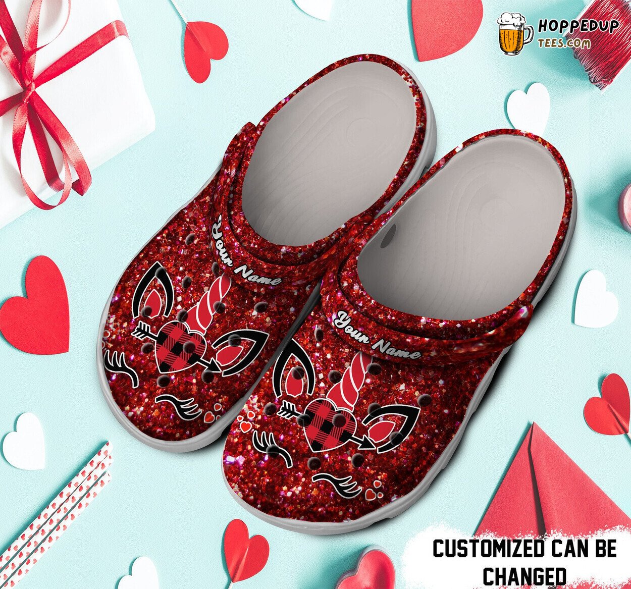 Personalized Unicorn Heart Valentine Glitter Themed Comfort Clogs Shoes