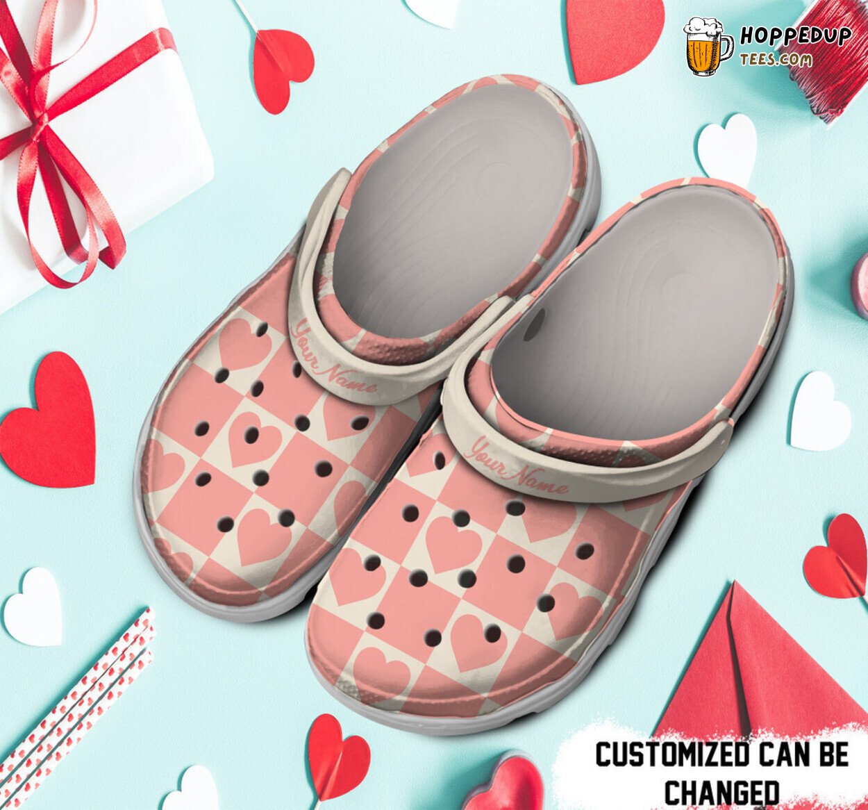 Personalized Valentines Pattern Pink Checkerboard Hearts Clog Shoes