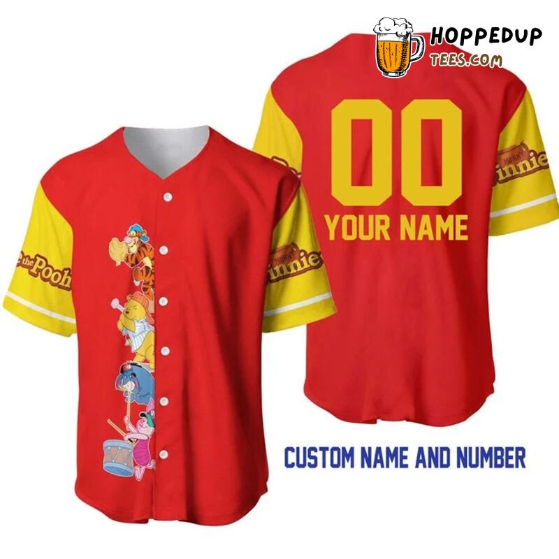 Personalized Winnie The Pooh Team All Over Print Baseball Jersey Red Unisex Jersey Shirt