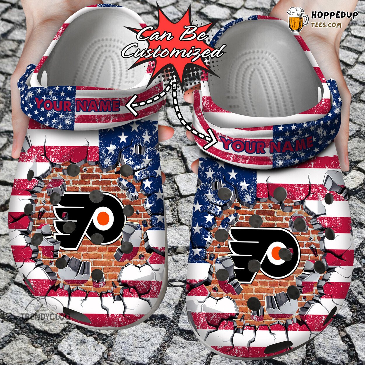 PFlyers Hockey Personalized American Flag Breaking Wall Clog Shoes