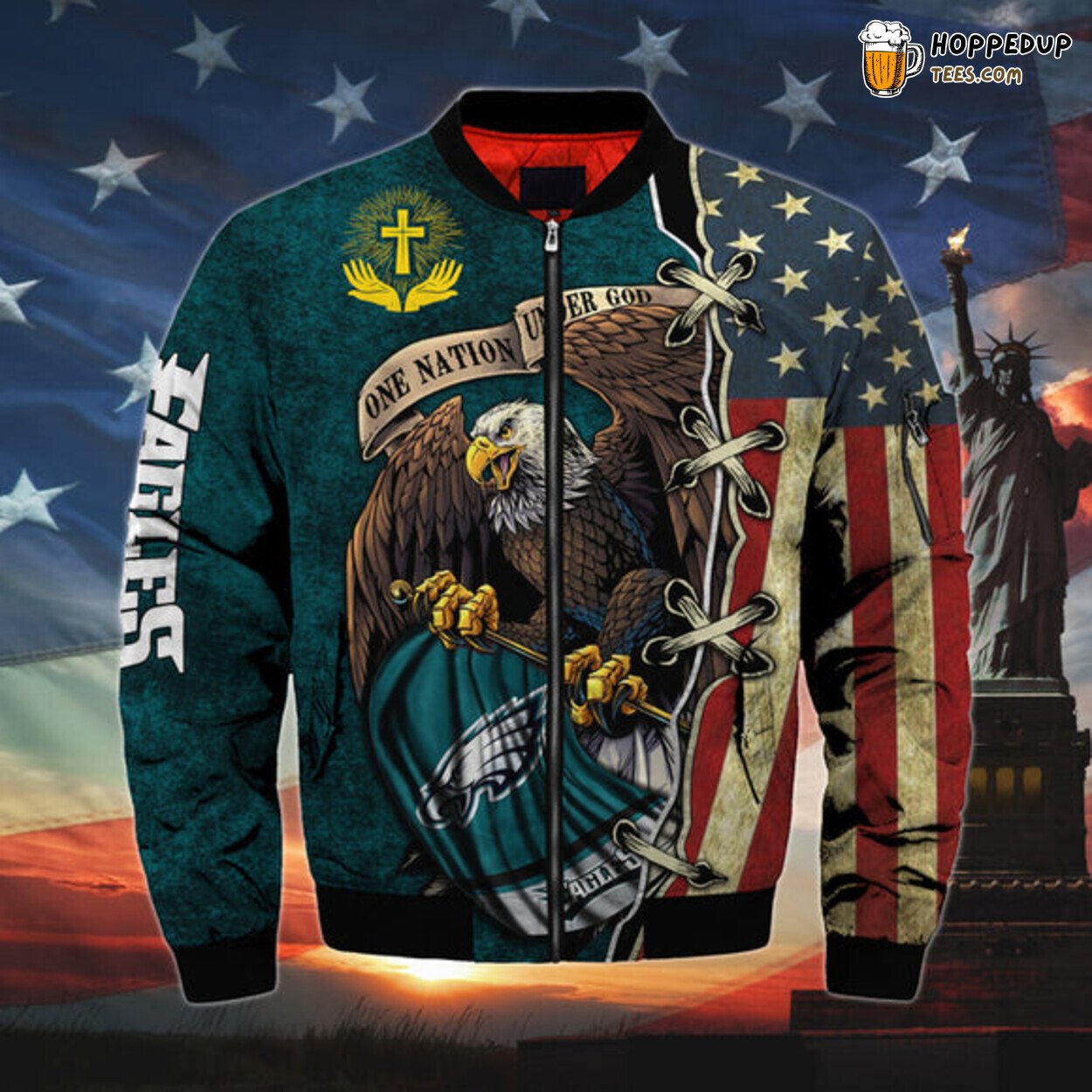 Philadelphia Eagles Bomber Jacket Men One Nation Under God Sporty Look Design
