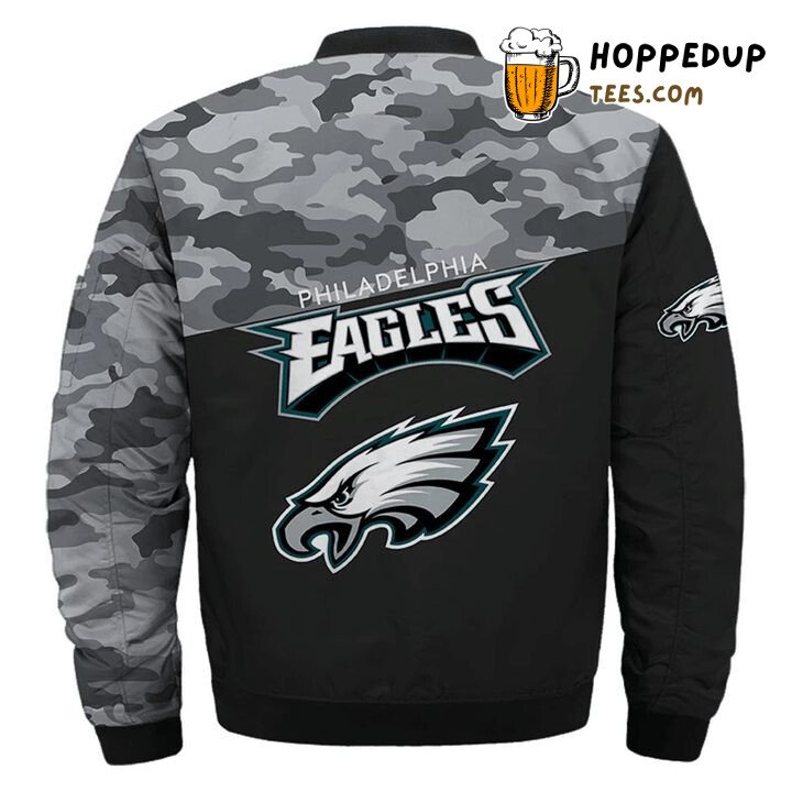 Philadelphia Eagles NFL Black Camo Style Fan Bomber Jacket Fit