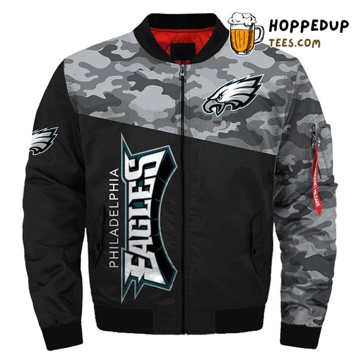 Philadelphia Eagles NFL Black Camo Style Fan Bomber Jacket Fit Philadelphia Eagles NFL Black Camo Style Fan Bomber Jacket Fit