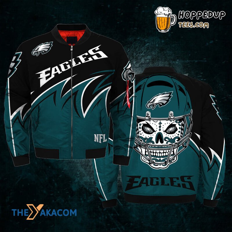 Philadelphia Eagles Super Bowl Skull Rugby Cap Fan Bomber Jacket Christmas Gift