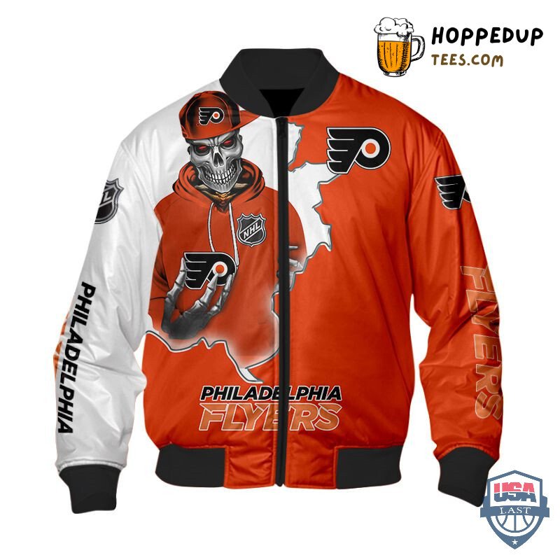 Philadelphia Flyers NHL Skull Motif Hardcore Bomber Jacket Trim