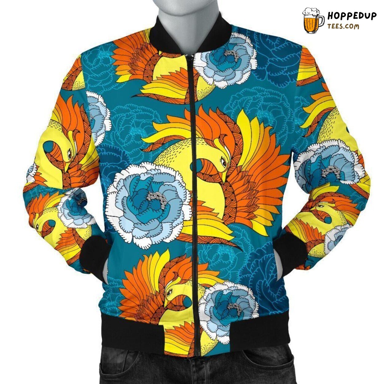 Phoenix Bird Floral Embellishment Design Men’s Bomber Jacket Pattern Art
