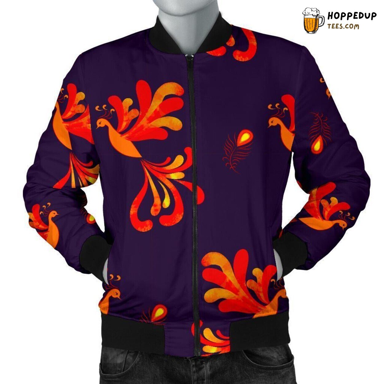 Phoenix Mythical Bird Design Display Men’s Bomber Jacket Pattern Showcase