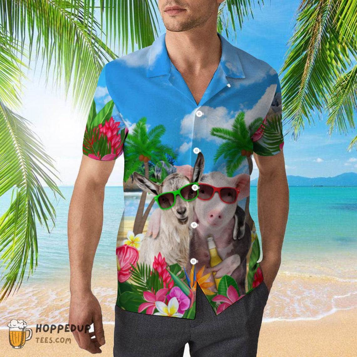 Pig And Goat In Sunglasses Hugging While Drinking Beer Hawaiian Shirt