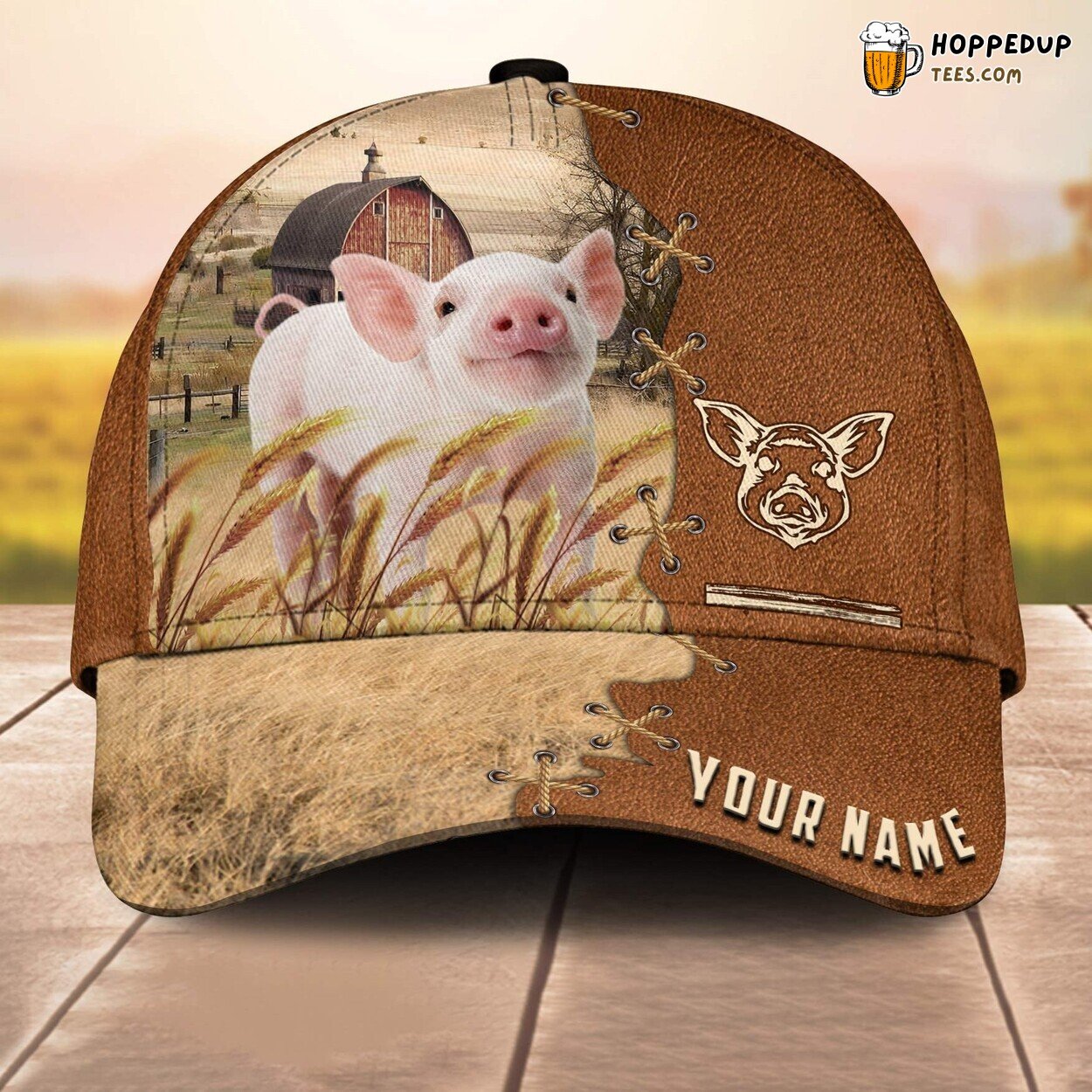 Pig Brown Leather Design Name 3D Cap Baseball Print Farm Lovers Animal Unique
