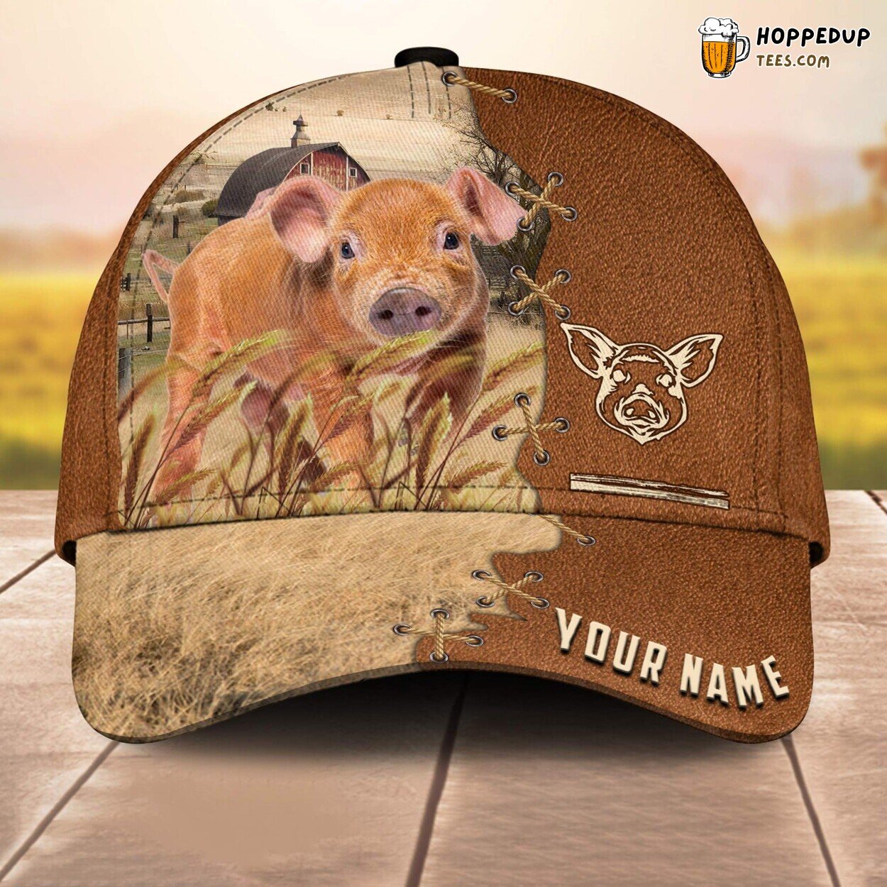 Pig Brown Special Leather Name 3D Cap Baseball Design Farm Lovers Animal Print