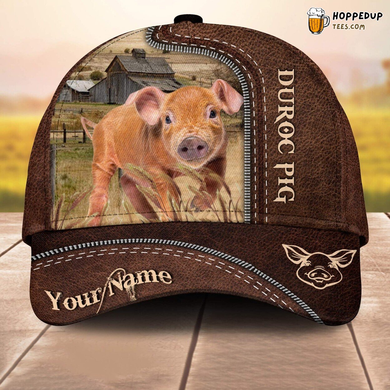 Pig Brownie 3D Leather Pattern Custom Cap Baseball Farm Animal Enthusiasts