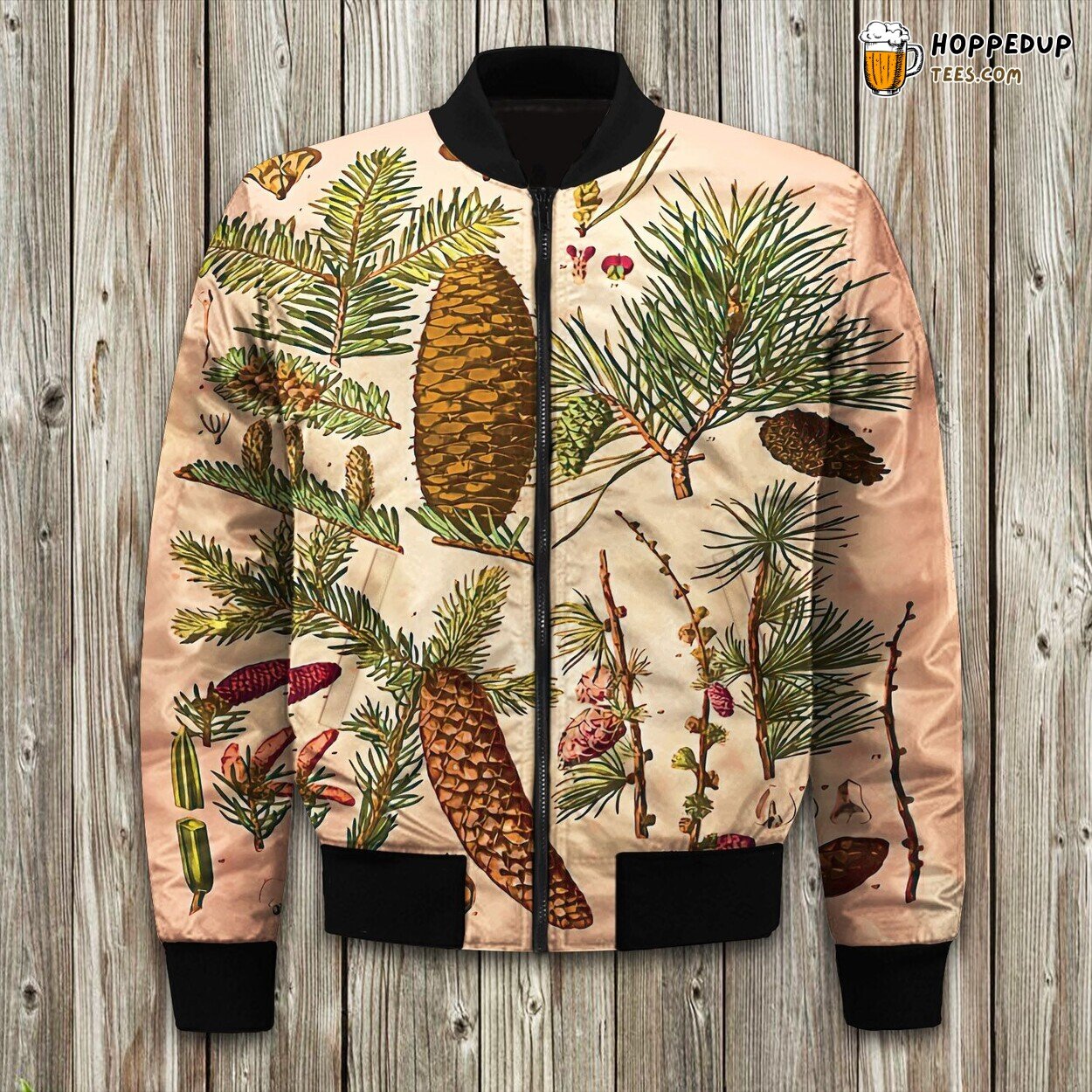 Pine Cone Forest Print Winter Bomber Jacket Woodland Elegance Style