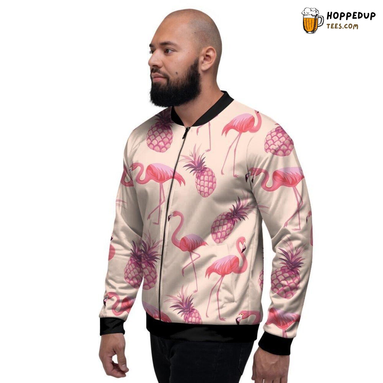Pineapple Meets Flamingo Tropical Print Men’s Bomber Jacket Fruit Bird Fusion
