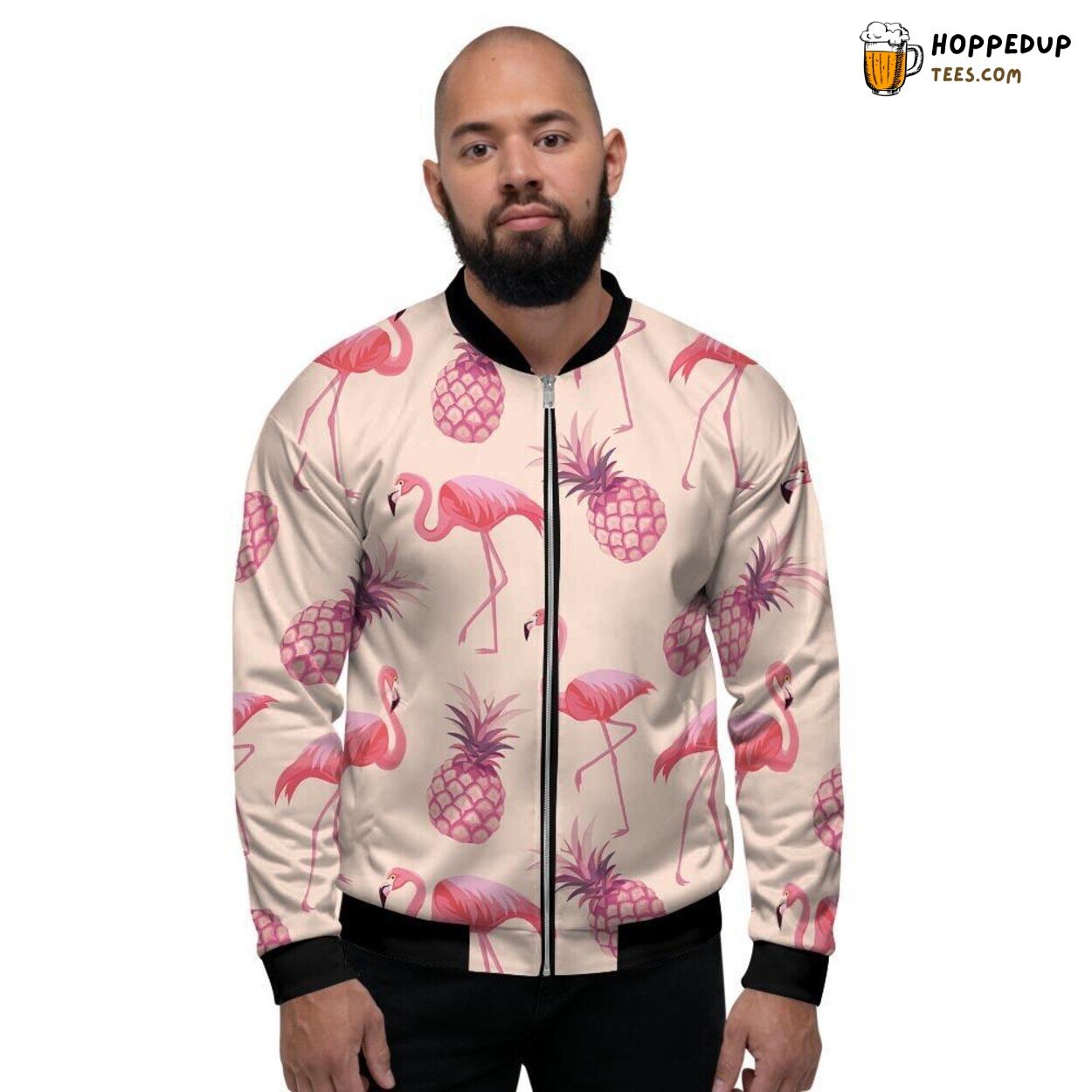 Pineapple Meets Flamingo Tropical Print Men’s Bomber Jacket Fruit Bird Fusion