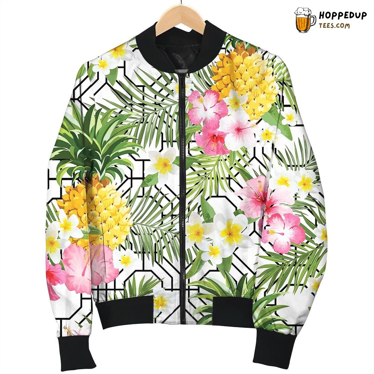 Pineapples And Tropical Flowers Geometry Pattern Love Bomber Jacket