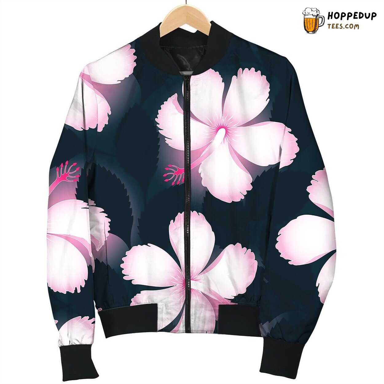 Pink And White Tropical Flowers On Dark Leaves Bomber Jacket