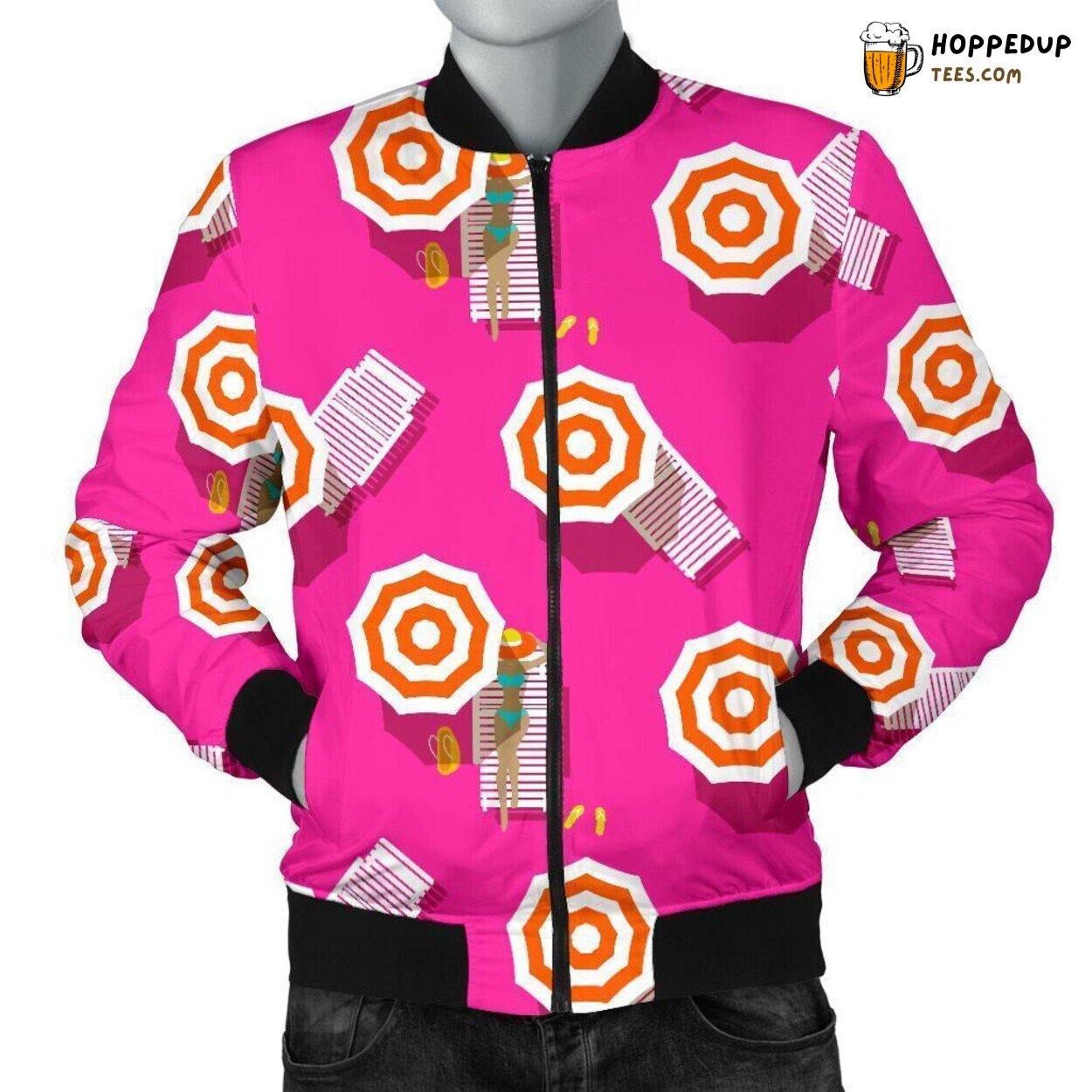 Pink Beach Themed Pattern Print Men’s Fashionable Bomber Jacket