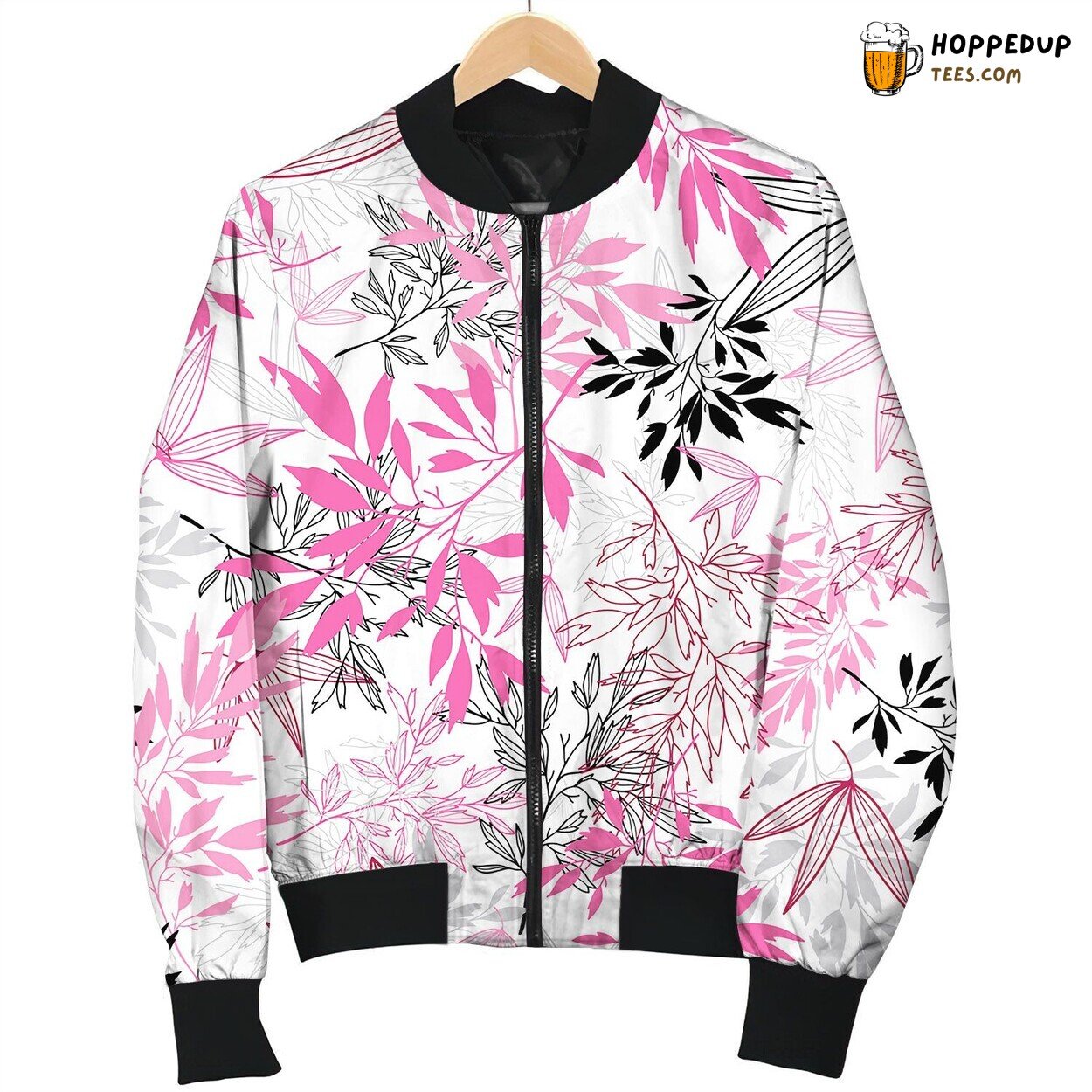 Pink Black Tropical Leaves Summer Seamless Bomber Jacket