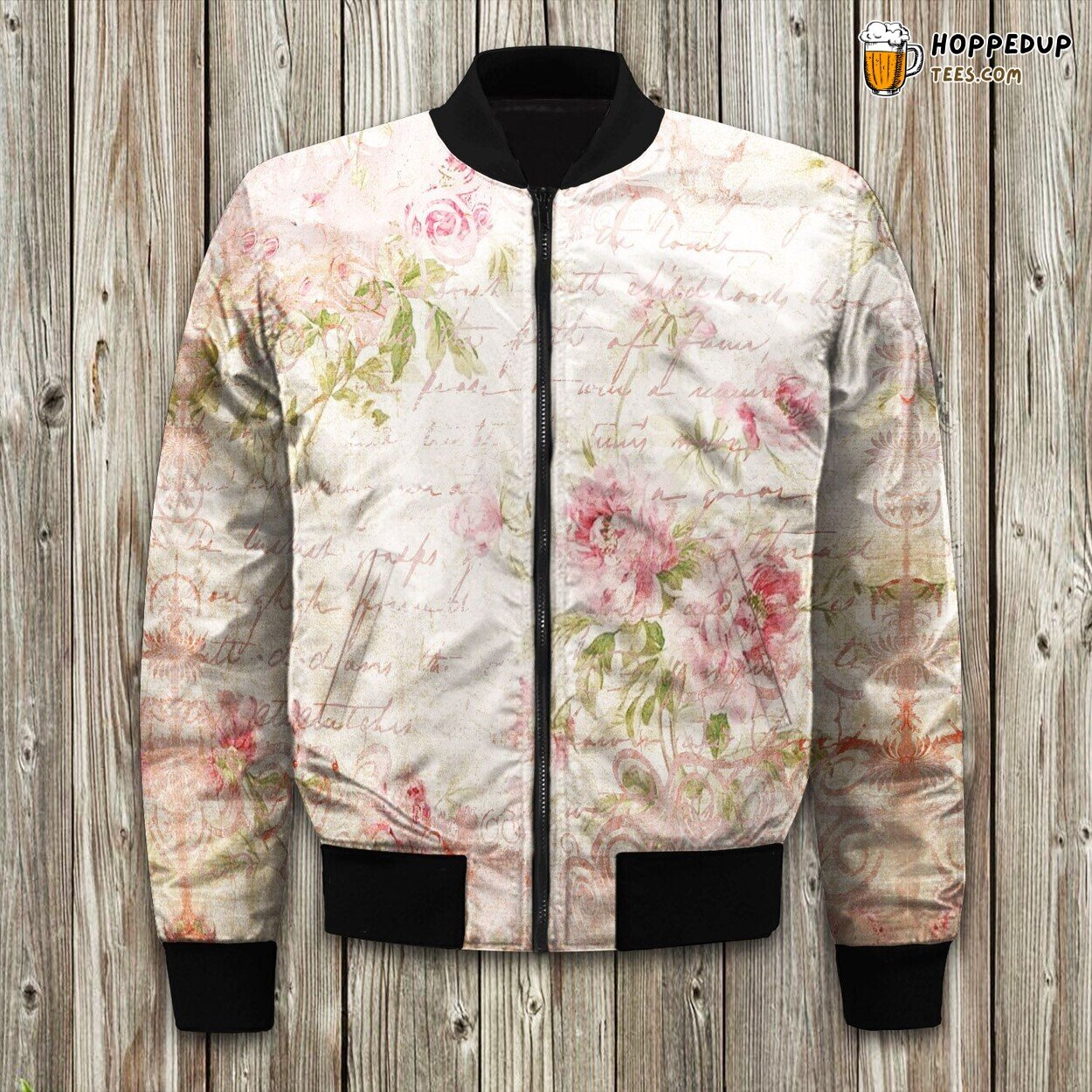 Pink Brown Vintage Roses Flowers Bomber Jacket